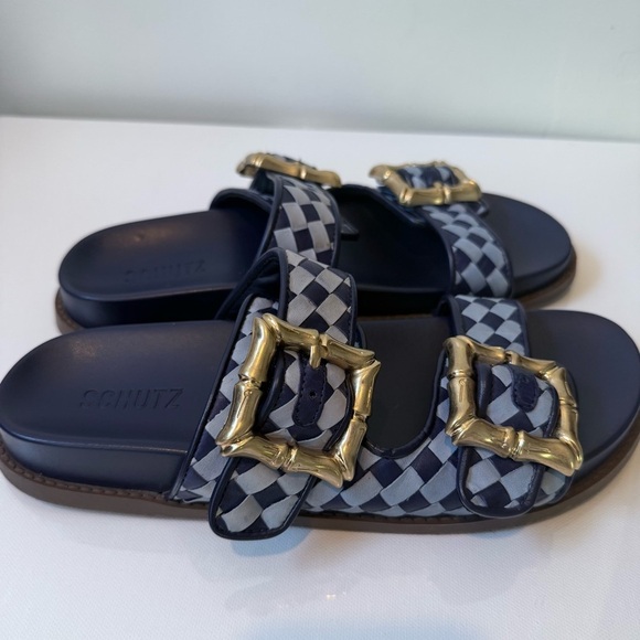 SCHUTZ Enola Sporty Blue Leather Bamboo Gold Buckle Sandal Slide 8.5 - Picture 7 of 11